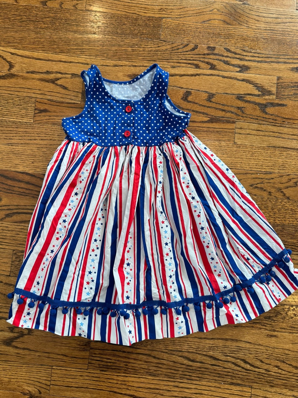 ELEANOR ROSE 4th of July Patriotic Stars Stripes Pom Pom Red Blue Dress 6 7